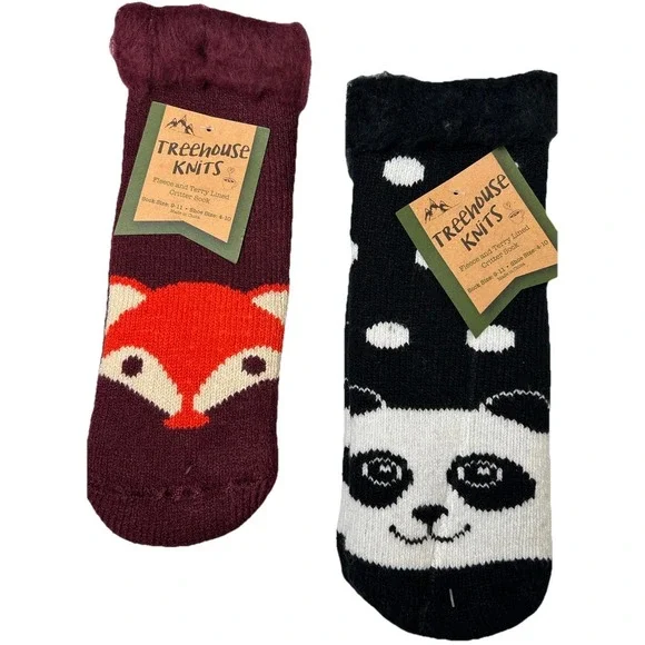 Treehouse Knits New 2 Pair Fleece Lined Slipper Socks No-Slip Grippers Fox Panda - Picture 1 of 8